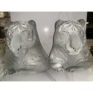 Viking Vintage 6x5 Clear and Frosted Glass Vintage Tiger Figurine Heavy Bookends